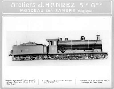 <b>Locomotive à voyageurs à 3 essieux accouplés et bogie à l'avant</b><br>pour Chemin de fer de l'Etat Belge